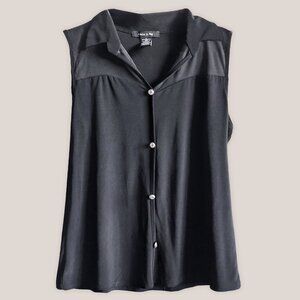 ADELE & MAY Black Sheer Collar and Button Top | Sleeveless Blouse Shirt